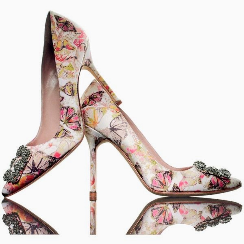 Manolo Blahnik Multicolor Butterfly Print Fabric Hangisi Pumps Sz40.5